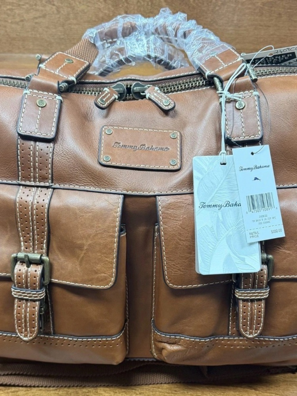 Tommy Bahama Cognac Leather Double-Pocket Briefcase Messenger Bag
